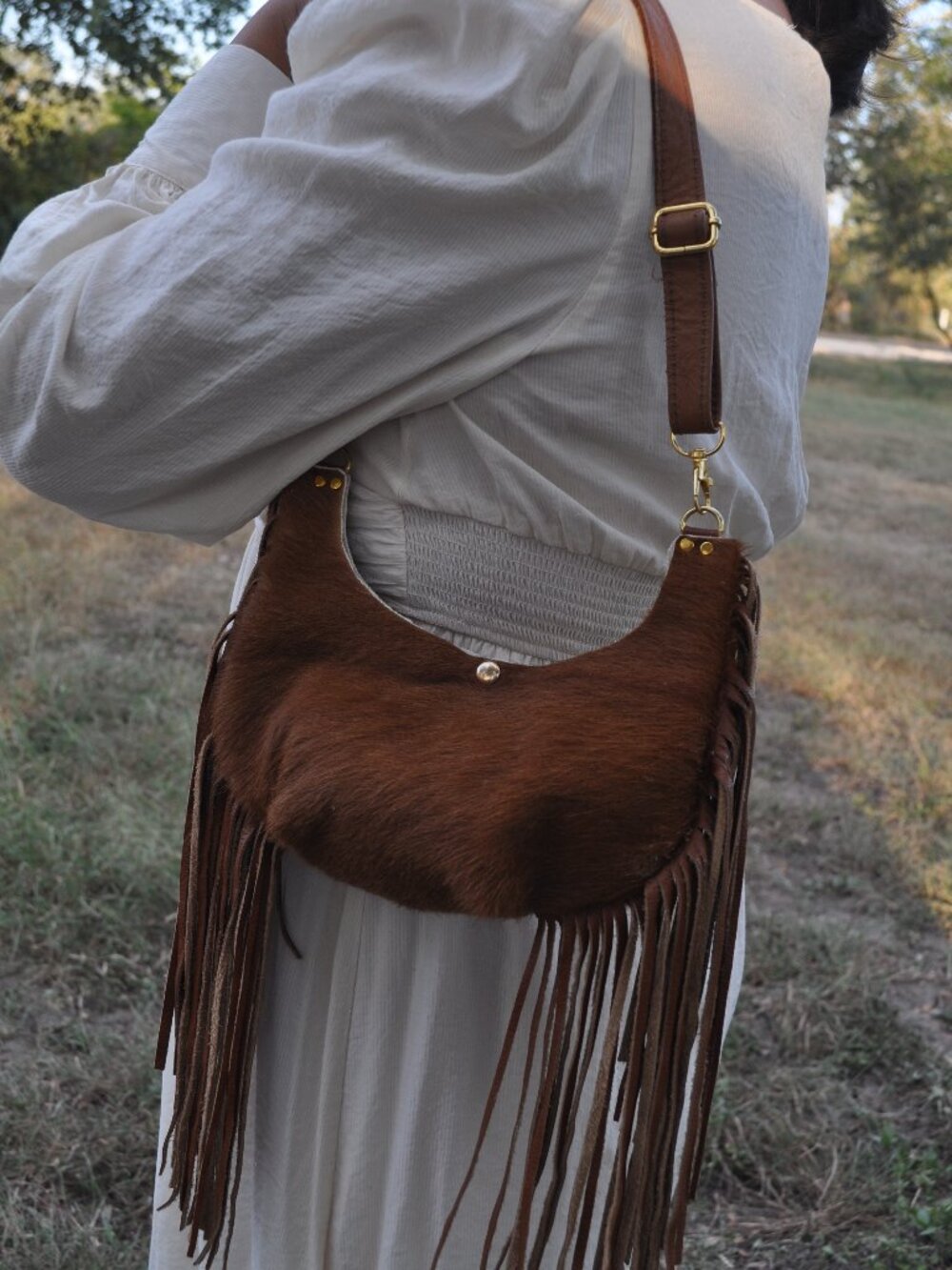 🤎 Brown Hair-On Cowhide Fringe Crossbody Bag — $85
